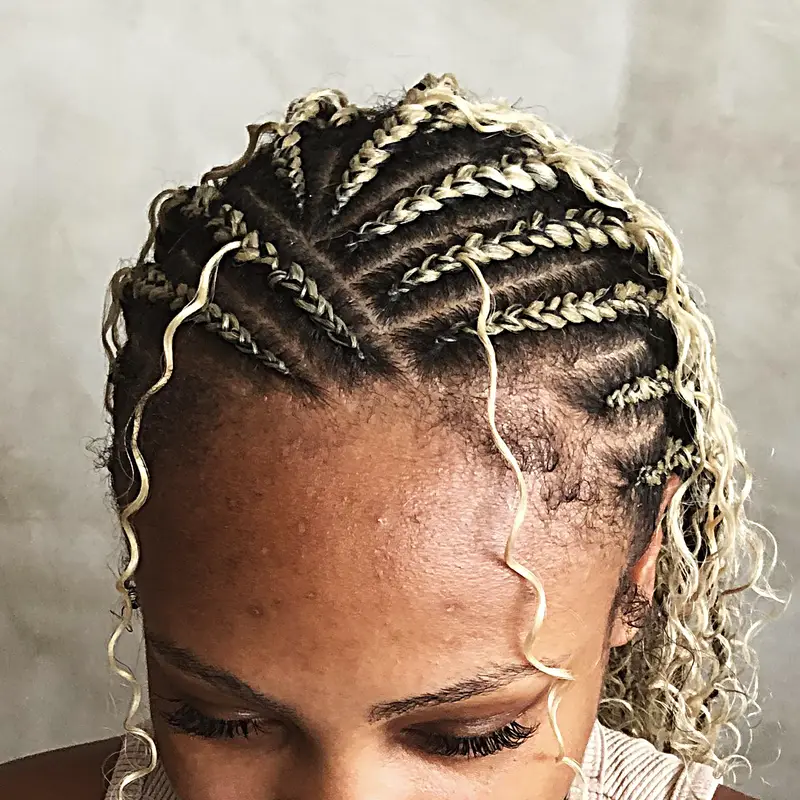 Boho braids with curls parting pattern, from above
