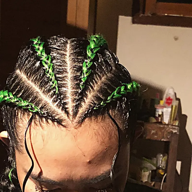 Colour braids parting pattern, from above
